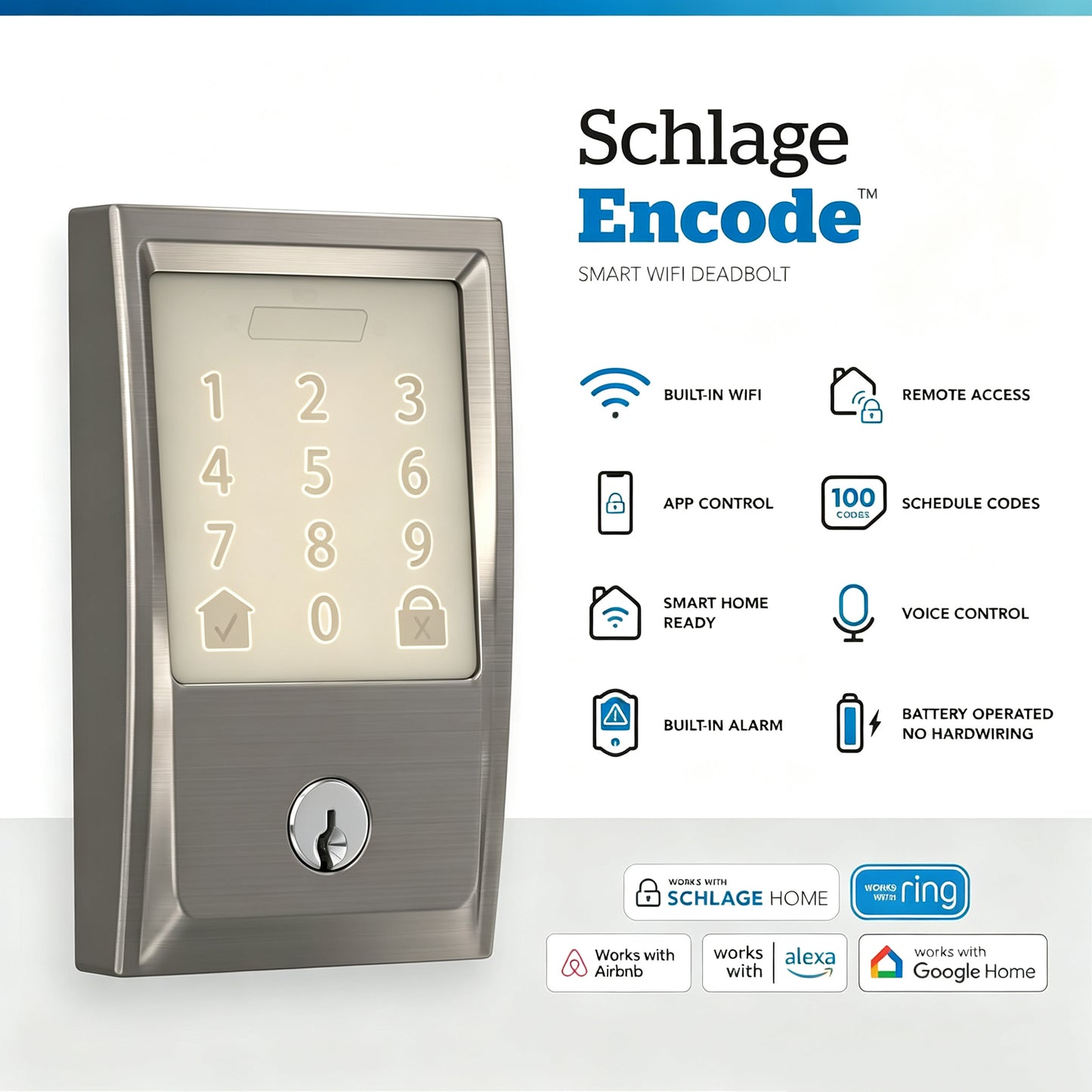 (Clearance Sale)Encode Smart WiFi Deadbolt Lock with Camelot Trim, Satin Nickel | Keyless entry door lock, Touchscreen keypad, App control, Alexa, Google Home, Ring